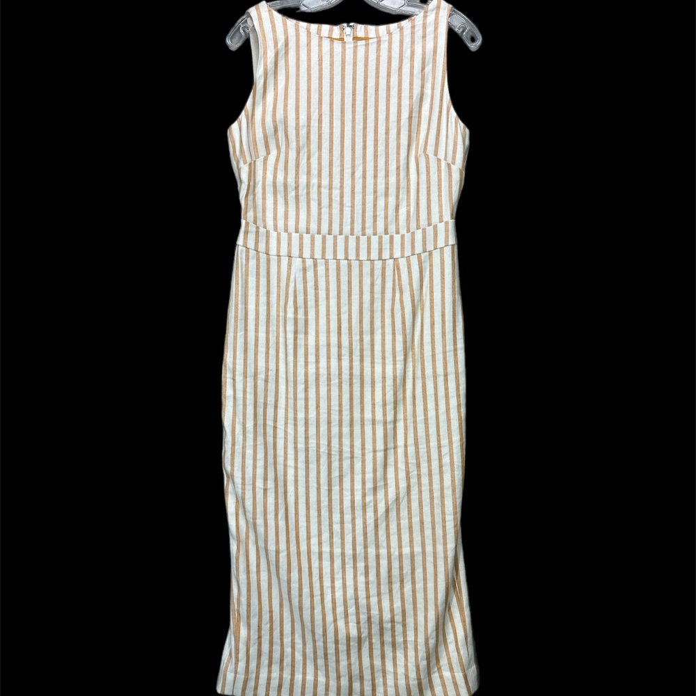 Boden Womens Maggie Sheath Linen Dress Midi UK 10R US 6R White Tan Striped